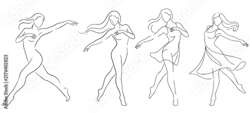 Graceful Women Dancing in Flowing Motion Minimal Line Art Vector Set
