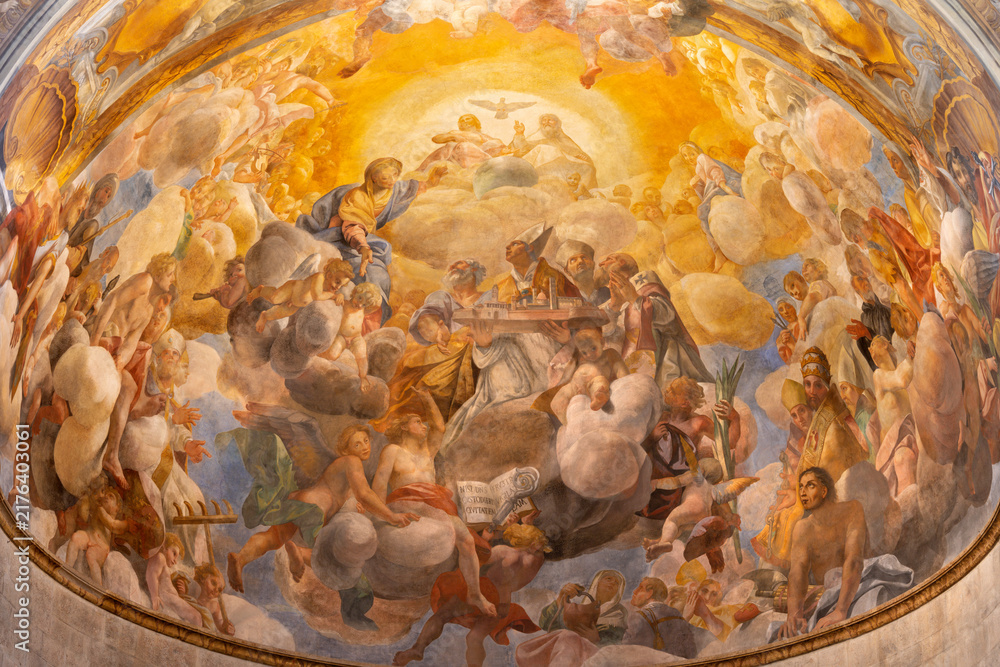 Fototapeta premium Lucca - The painting of The Glory of the Holy Trinity among the saints in the church Cattedrale di San Martino by Giovanni Coli and Filippo Gherardi (1681)