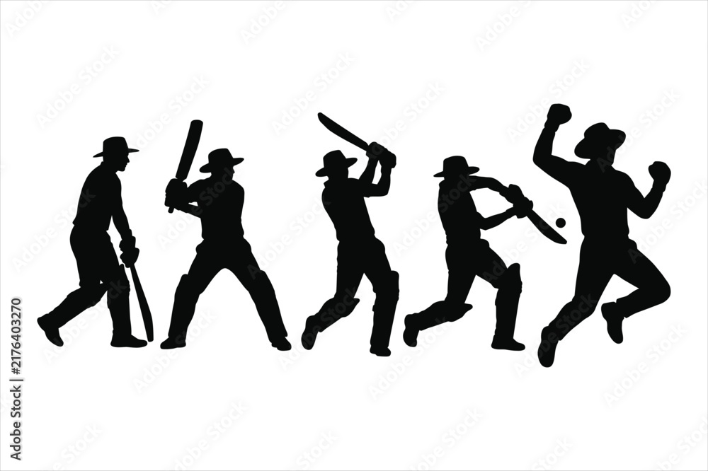 Fototapeta premium Cricket player silhouettes showing different actions and batting stances