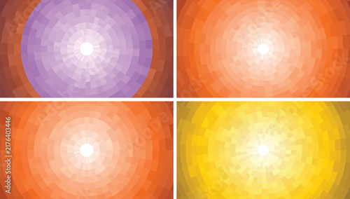 Four radial gradients with concentric mosaic tile patterns in purple, orange, and yellow color tones