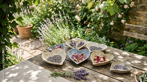 Heart-shaped ceramic dishes filled with dried lavender and rose petals on a rustic wooden table in a sunlit garden