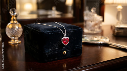 Heart shaped ruby pendant necklace resting on a dark velvet jewelry box