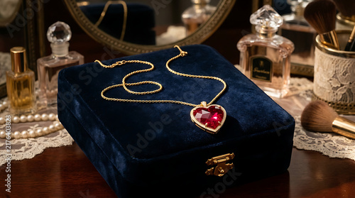 Heart-shaped ruby pendant necklace resting on a blue velvet jewelry box