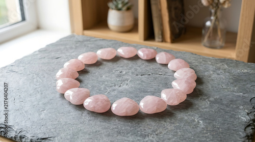 Rose quartz hearts arranged in a circle on a dark slate surface