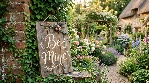 Rustic wooden sign with Be Mine lettering hanging on an ivy covered brick wall in a cottage garden