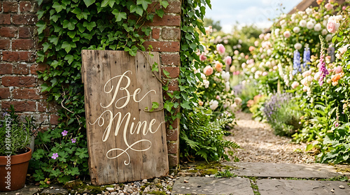 Rustic wooden sign with Be Mine lettering leaning against a garden brick wall
