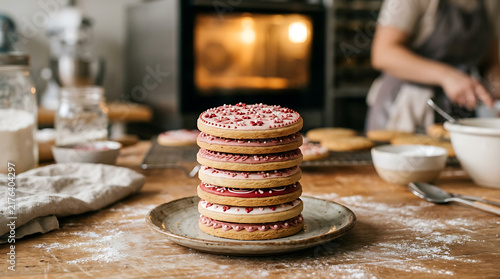 Stack of decorated sugar cookies on a rustic plate in a bakery kitchen