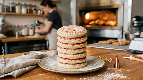 Stack of decorated sugar cookies on a rustic plate in a bakery kitchen