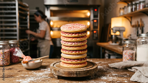 Stacked decorated sugar cookies on a wooden board in a bakery kitchen