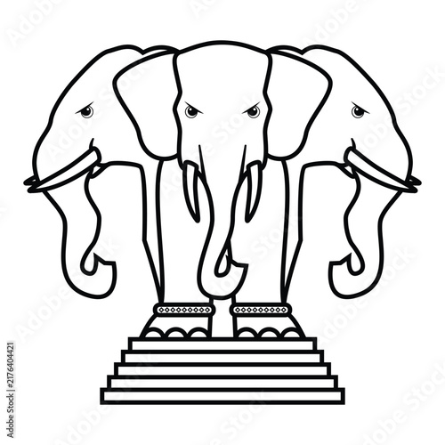 Line art Illustration vector of Erawan Airavata mythical creature animal vehicle or vahana of Indra Hindu god Three heads elephant drawing in black and white