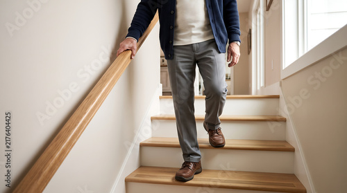 Older adult using stairs safely with handrail at home