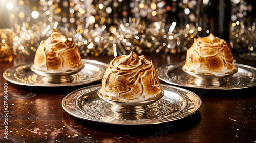 Three individual Baked Alaska desserts served on ornate silver plates with a festive blurred background