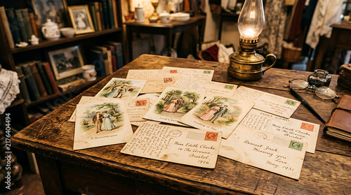 Vintage postcards and handwritten correspondence arranged on an antique wooden desk