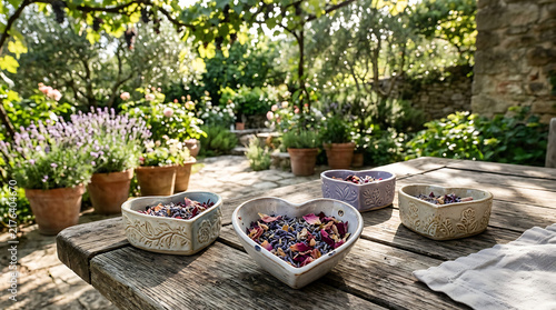 Three heart-shaped bowls with dried flower potpourri on a rustic wooden garden table