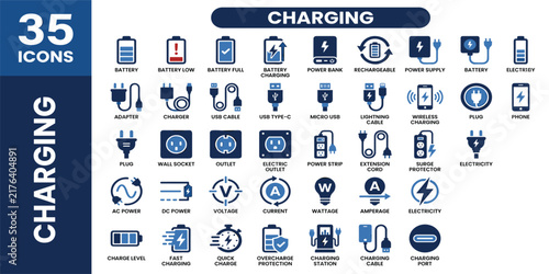Charging icon set. Containing battery, power, adapter, wireless, cable, plug, ev station and more. Solid vector icons collection.