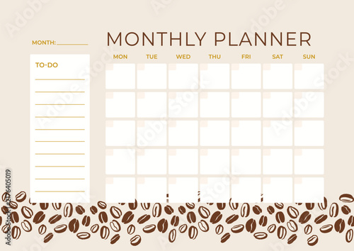 Classical Monthly planner with coffee design. timetable for month, simple Schedule universal template. Empty To do notebook list. Week starts Monday. Homework organizer. blank of diary. Vector illustr