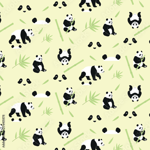Cute and diverse seamless vector pattern featuring various poses of giant pandas (sitting, walking, eating bamboo, and resting upside down) with bamboo elements on a pale yellow background.