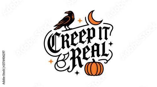 Creepy halloween crow with pumpkin and moon design
