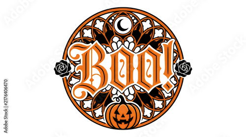 Halloween themed decorative badge with orange and black design