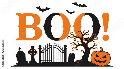 Halloween spooky boo greeting with pumpkin and bats
