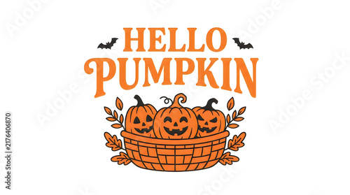 Happy halloween pumpkins in a basket with bats