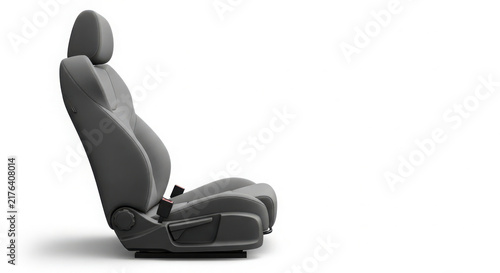 Modern grey leather car seat isolated on white background showing ergonomic design and premium automotive upholstery for luxury vehicle interiors