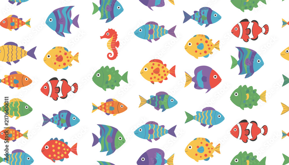 Obraz premium Vibrant seamless pattern featuring various cute cartoon tropical fish and a small red seahorse on a white background.