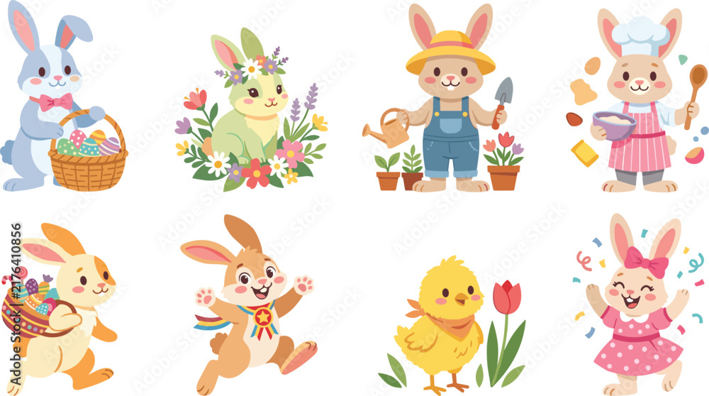 Naklejka premium Cute Easter Bunny Characters and Spring Activities Vector Illustration Set
