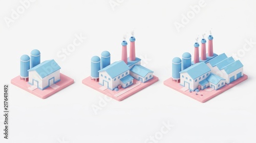 Isometric 3D Factory Growth Stages Illustration with Pastel Blue and Pink Industrial Buildings on White Background