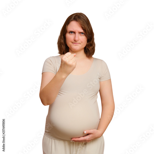 Fotografie Aggressive pregnant woman shaking fist at camera on isolated transparent background