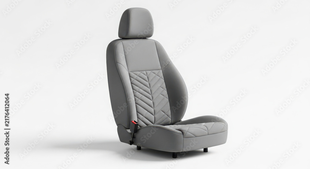 Obraz premium Modern grey automotive bucket seat featuring elegant quilted fabric patterns isolated on a clean white background for industrial design projects