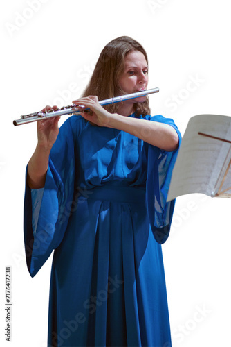 Fotografía Woman flutist playing musical instrument isolated on transparent background