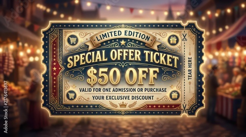 Vintage special offer ticket with fifty dollar discount value