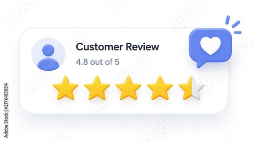 Customer review interface with star rating and heart icon