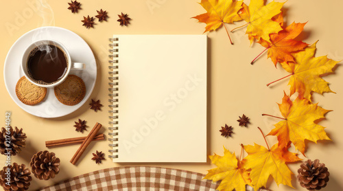 Blank spiral notebook surrounded by autumn leaves and coffee
