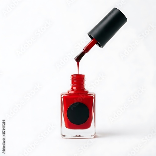 Bright red nail polish bottle with brush dripping liquid varnish