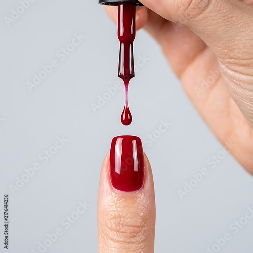 Closeup view of applying glossy red nail polish on finger