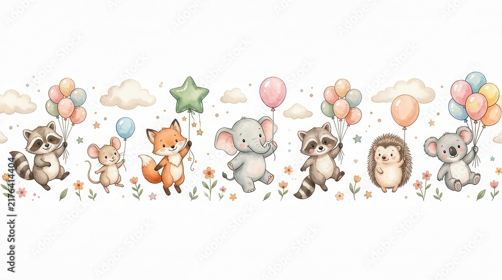 Obraz premium Adorable Watercolor Animals Holding Balloons Seamless Border Illustration. Cute Raccoon, Fox, Elephant, Koala, Hedgehog, Mouse.