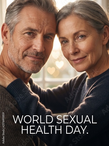 World Sexual Health Day Banner, Happy Mature Couple Embracing Closely with Heart Bokeh Background