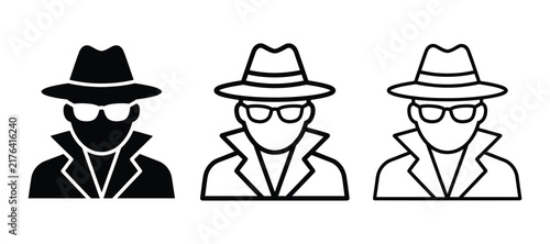 Foto Set of spy or detective icons secret agent in trench coat, fedora hat and sungla