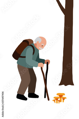Hand-drawn vector illustration of an elderly hiker with backpack and walking stick discovering golden chanterelle mushrooms beside a forest tree. Charming flat design outdoor foraging icon.