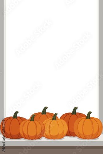 Hand-traced vector illustration of rows of ripe orange pumpkins arranged on a kitchen windowsill, perfect for autumn and Thanksgiving themed graphic design projects and seasonal decorations