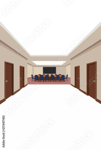 Spacious hallway vector illustration leading to a conference hall with meeting table, chairs, screen, doors, and modern interior design in flat style for business concepts