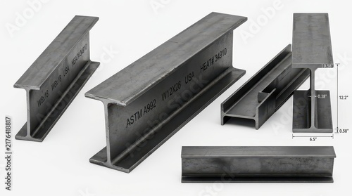 Industrial Steel I-Beams for Construction and Engineering Projects, Structural Steel Sections on White Background