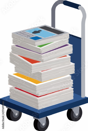Vector illustration of a tall stack of colorful magazines piled high on a blue wheeled return cart, hand-traced flat design icon for library or print media themes