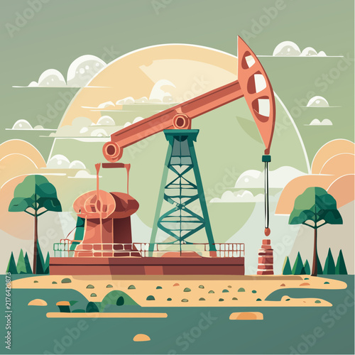 oil derrick pumping flat vector illustration