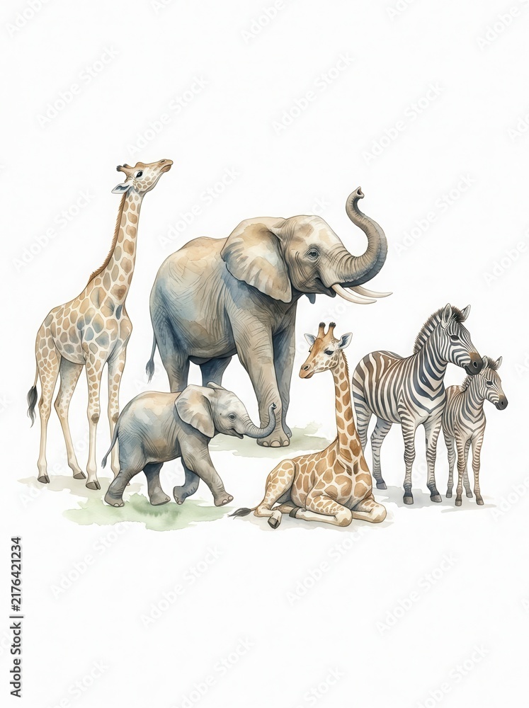 Obraz premium Watercolor African Safari Animals Set with Elephants Giraffes and Zebras Isolated on White Background