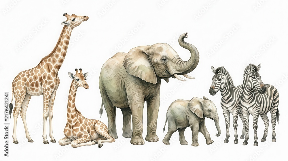 Fototapeta premium Watercolor African Safari Animals Set with Giraffes, Elephants, and Zebras Isolated on White Background for Kids Nursery Art