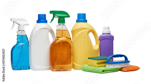 Konstfotografi House cleaning supplies set with colorful plastic bottles sponges and brushes for household hygiene