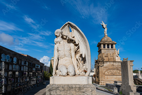 Photography Kiss of Death marble sculpture at Poblenou Cemetery in Barcelona
